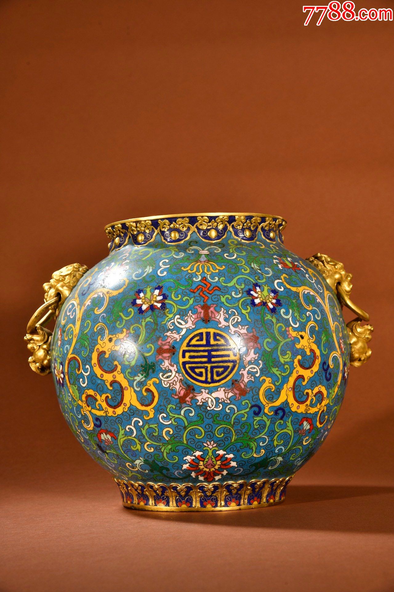 铜胎鎏金掐丝珐琅兽耳活环罐