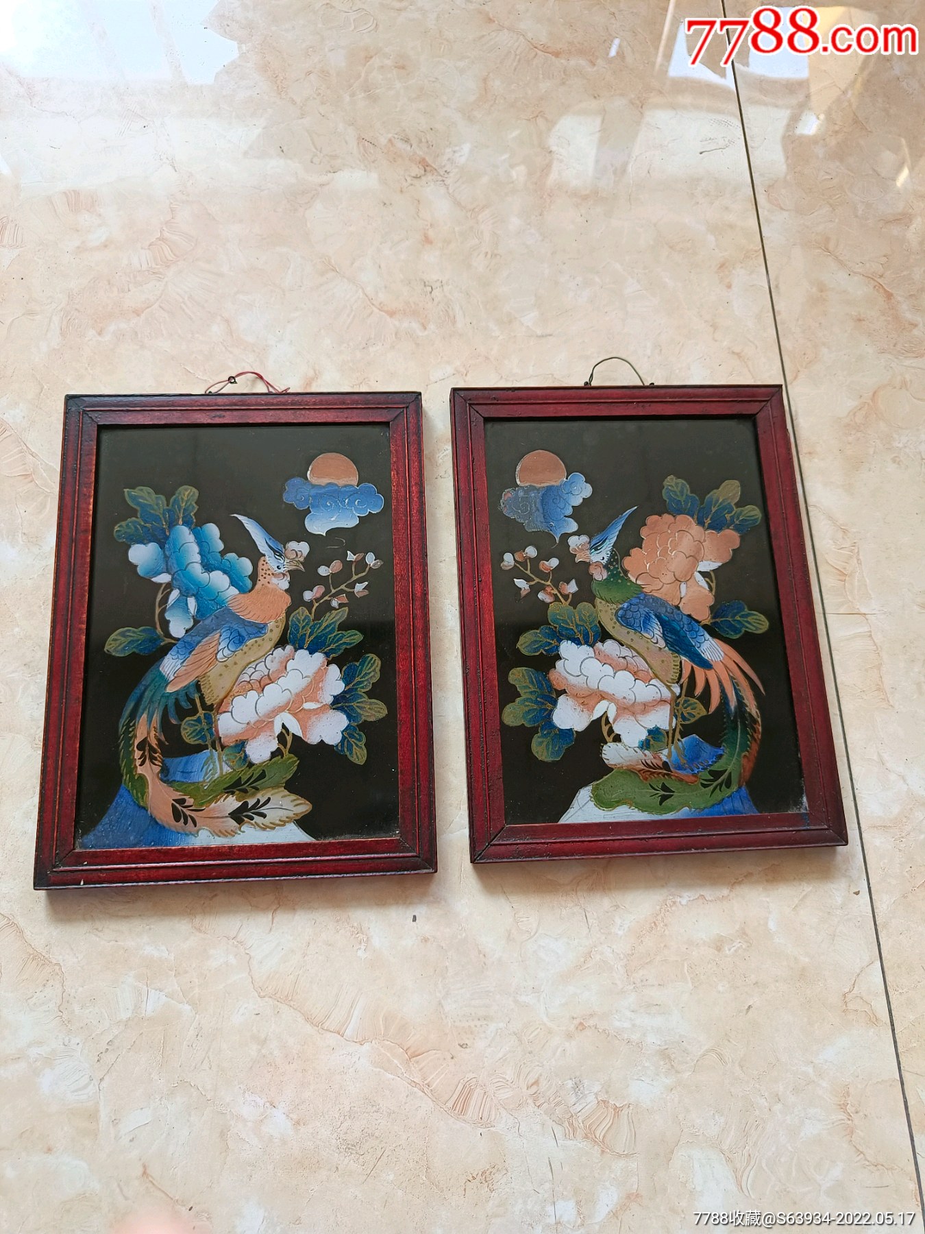 漂亮的清代彩绘凤凰镜子一对完整
