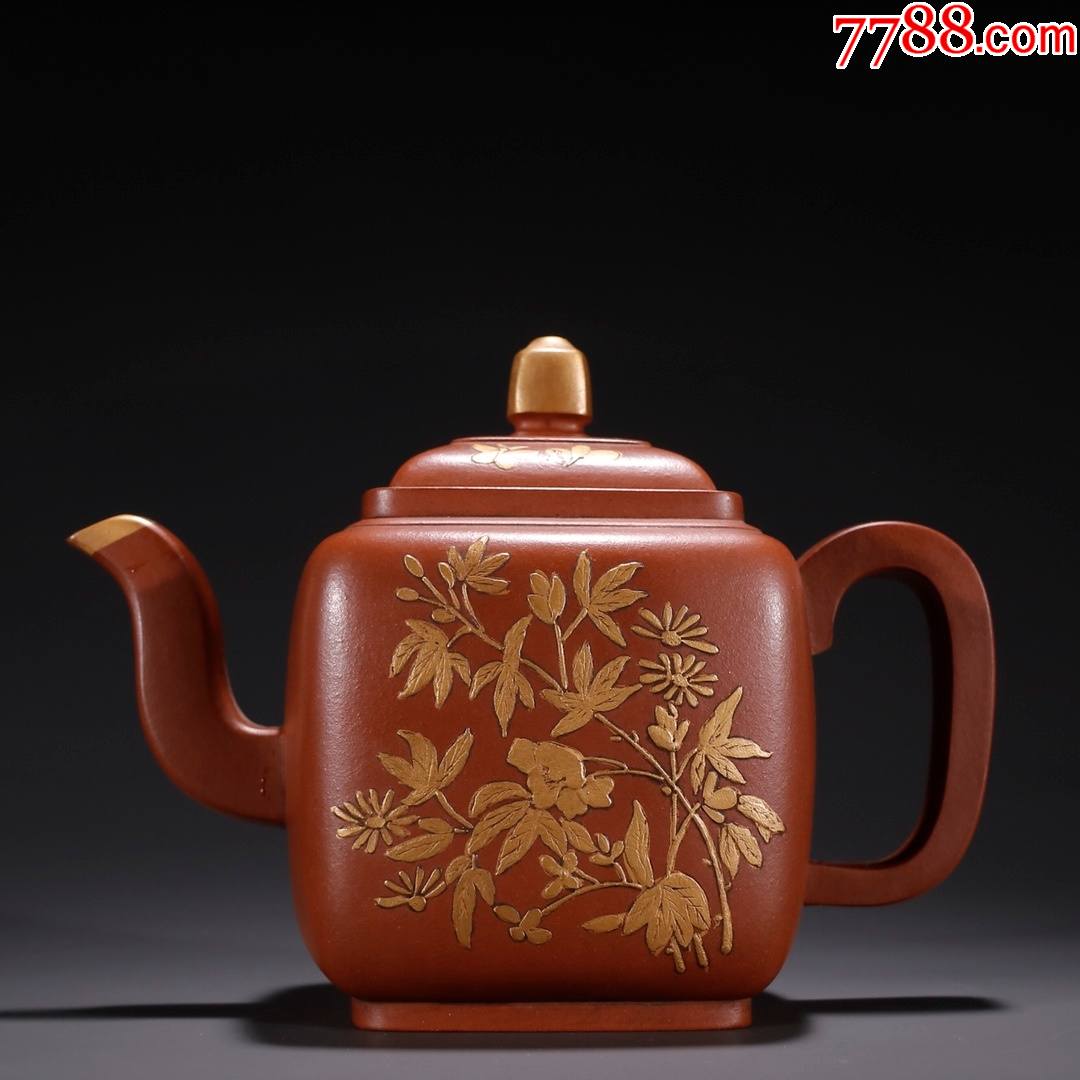 紫砂描金花开富贵茶壶