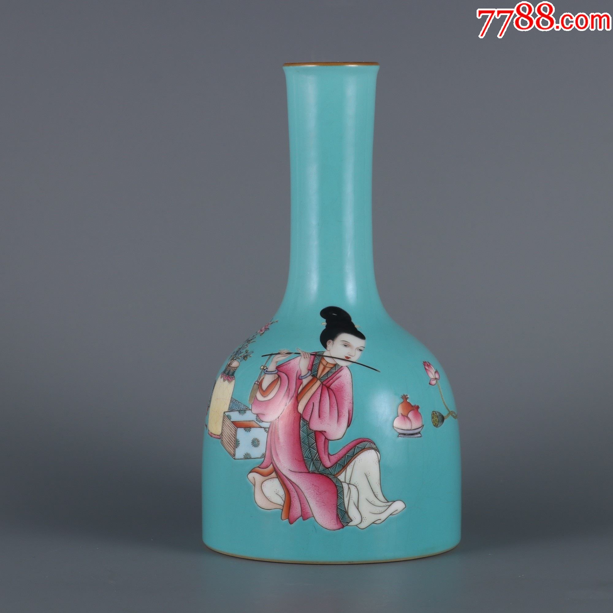 松石绿地粉彩仕女图题诗摇铃尊wa21s18f_绿釉瓷_图片价格_收藏鉴定