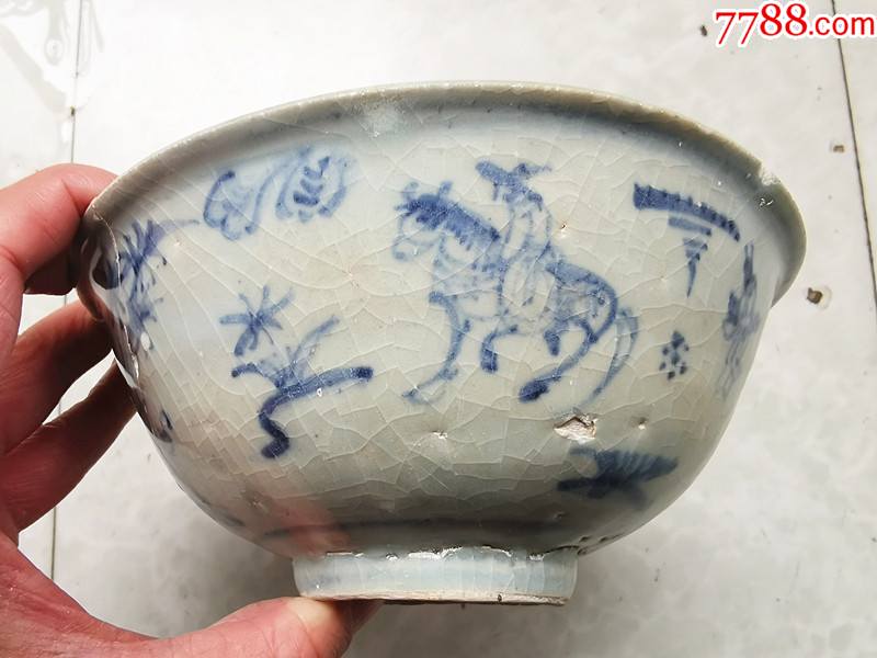 明代"携琴访友""春江泛舟"人物图青花碗(精美,少)_价格1200元_第1张