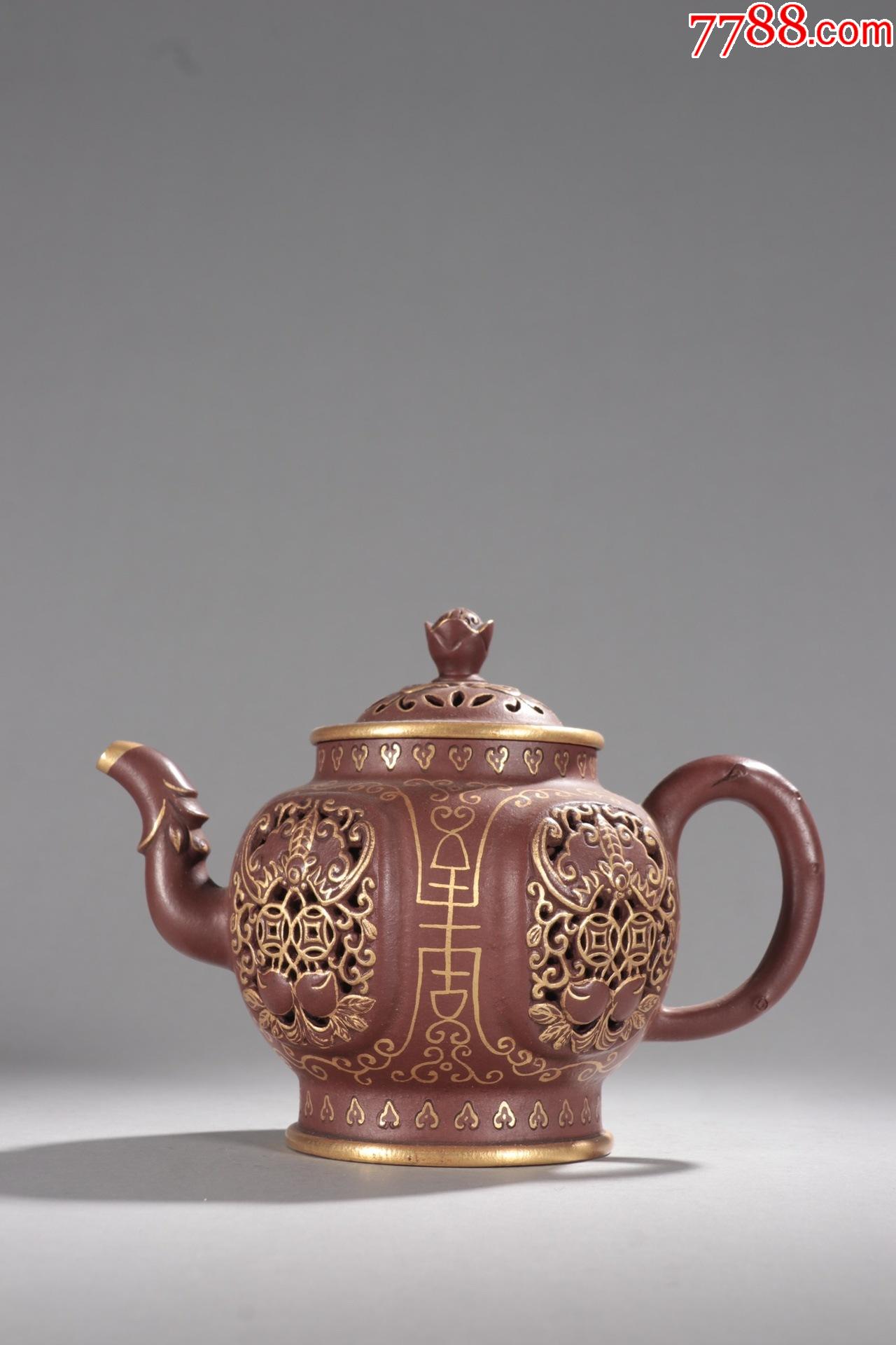 堆雕福寿纹描金紫砂壶