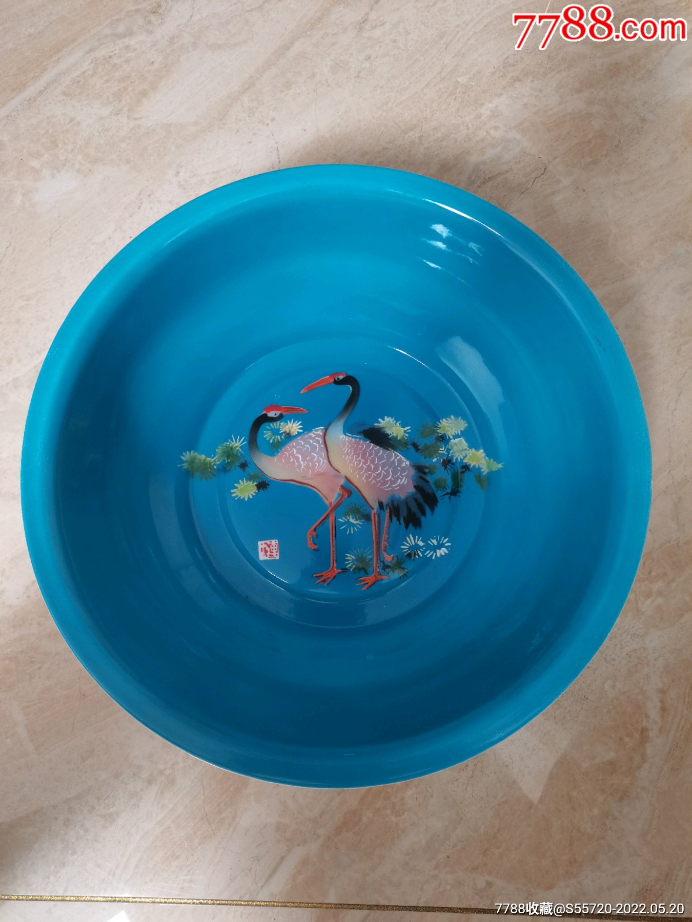 相当漂亮的松鹤延年图案搪瓷盆一只