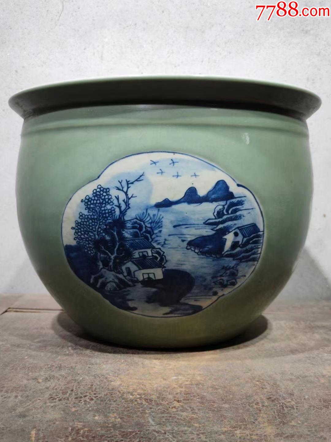 清代豆青釉青花山水图卷缸-价格:966元-se87202410-青瓷/秘色瓷-零售