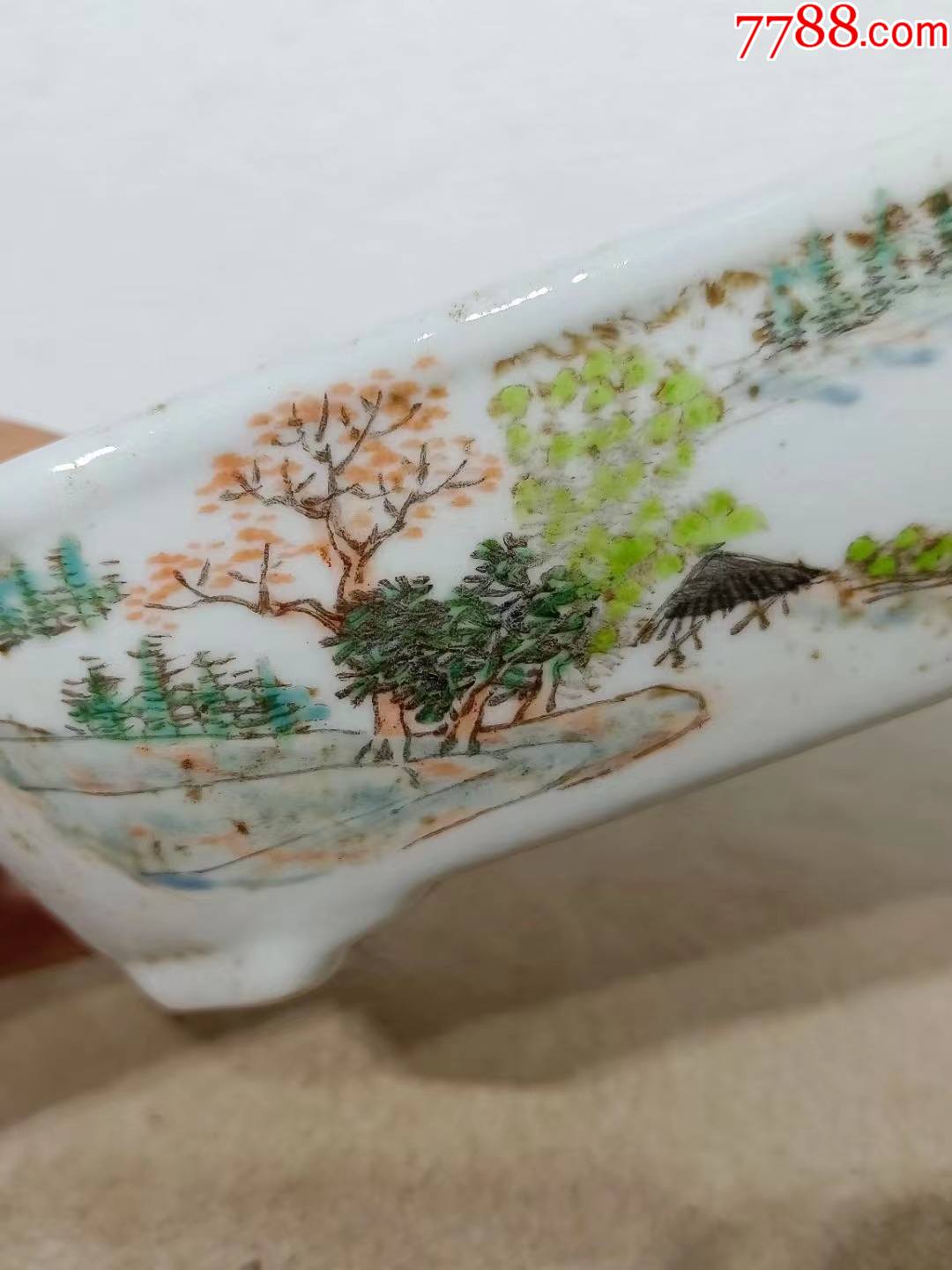 清末浅降彩名家徐善琴浅绛彩山水花鸟水仙盆长166宽118高55