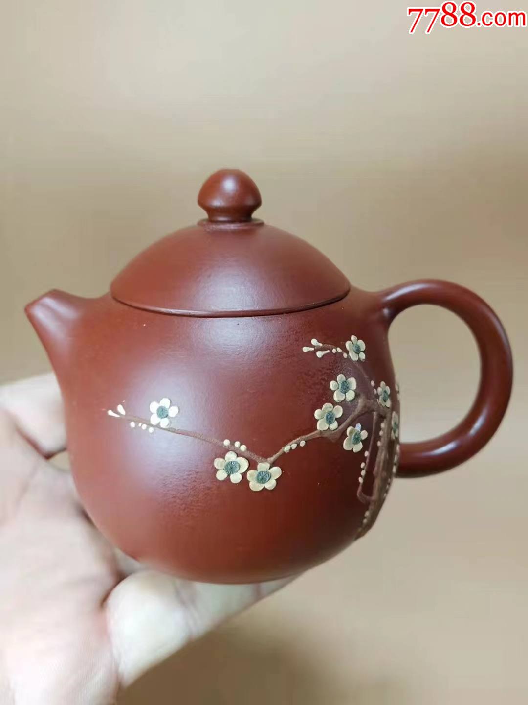 名家手工原矿红泥梅花龙蛋壶约200c_紫砂壶_作品欣赏_收藏价值_7788