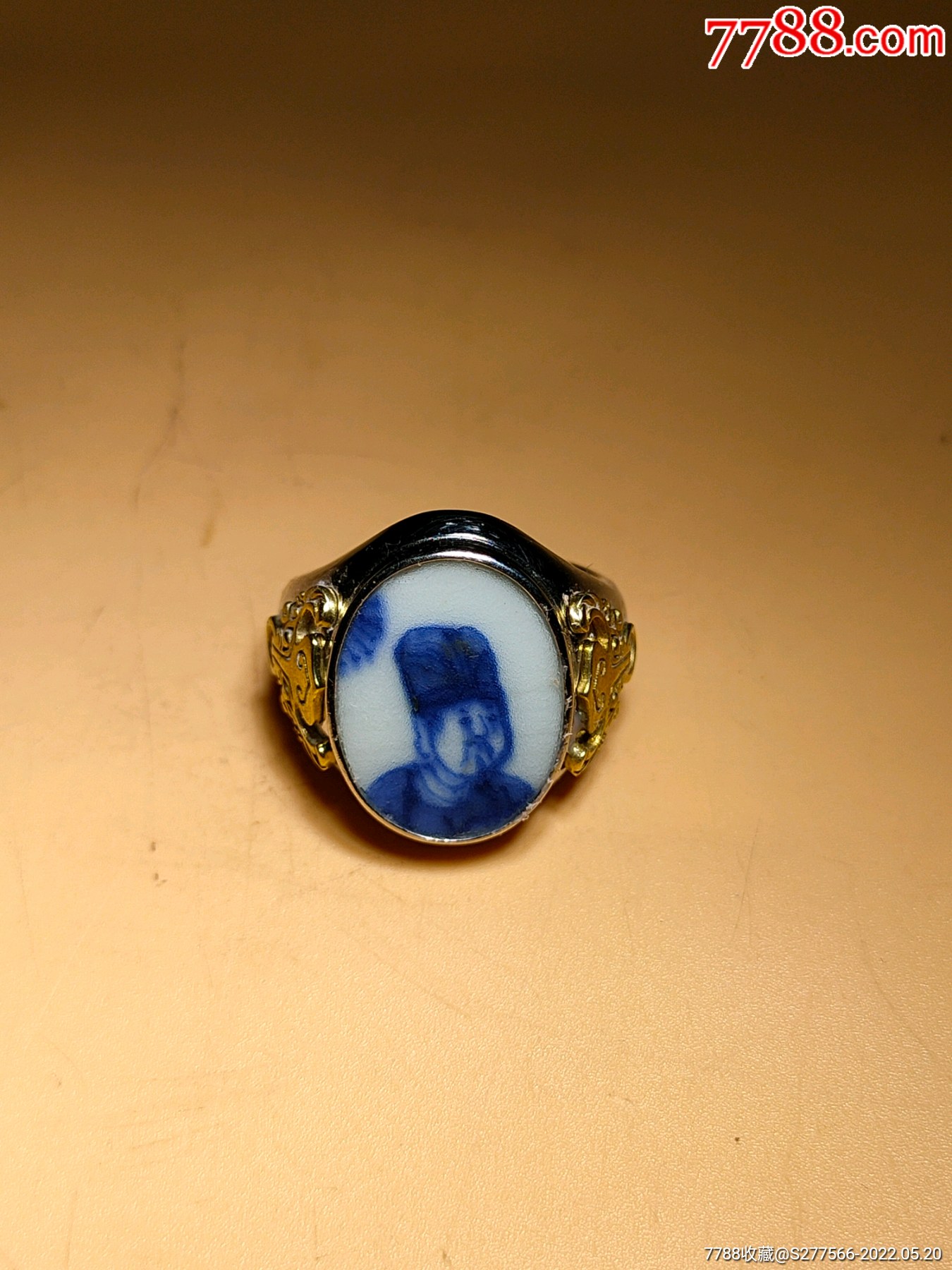 明代青花人物高仕图瓷片镶嵌戒指