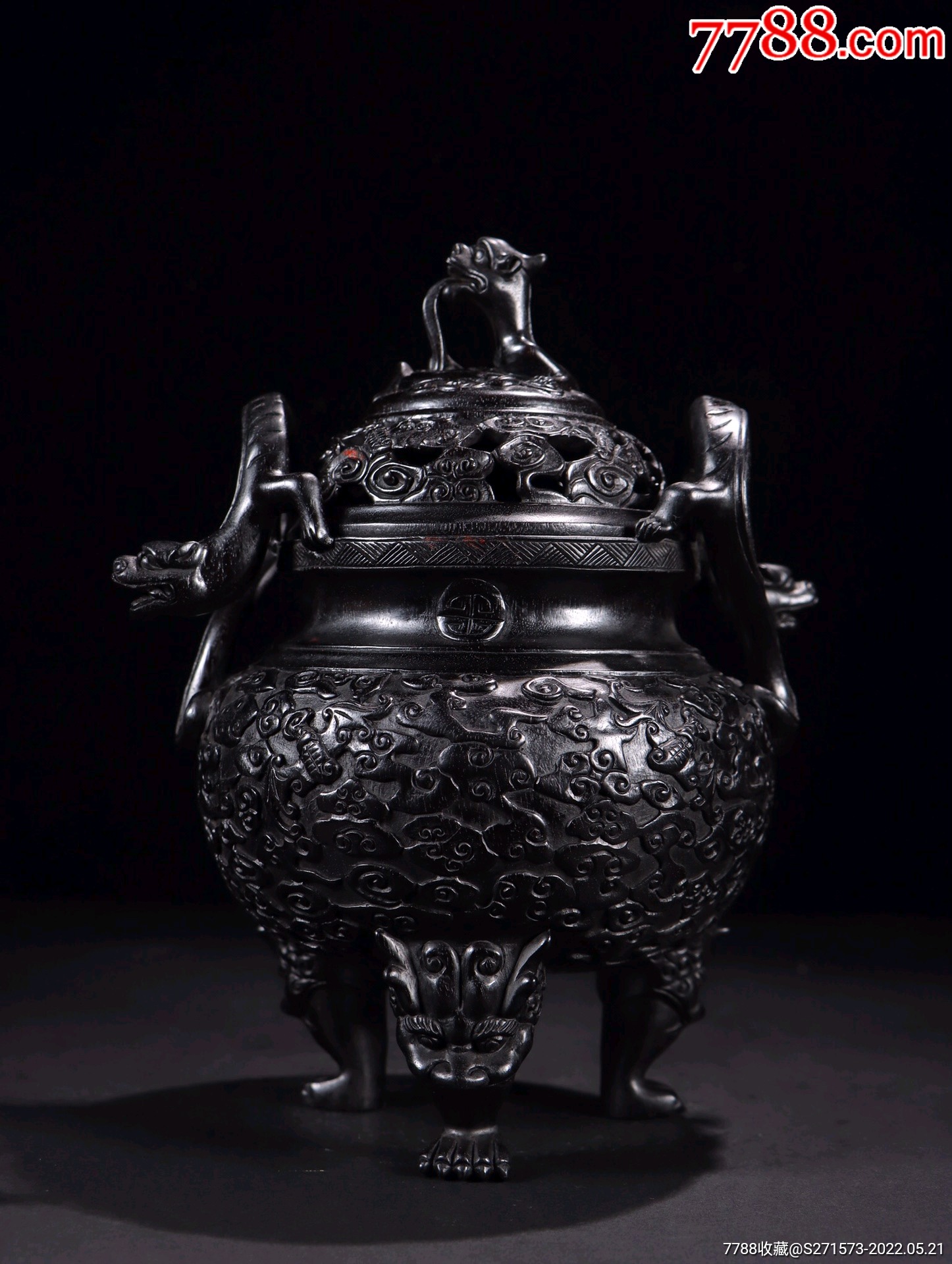 藏家让藏紫檀木三足兽面夔龙耳福在眼前香薰炉规格高24cm宽19cm重1