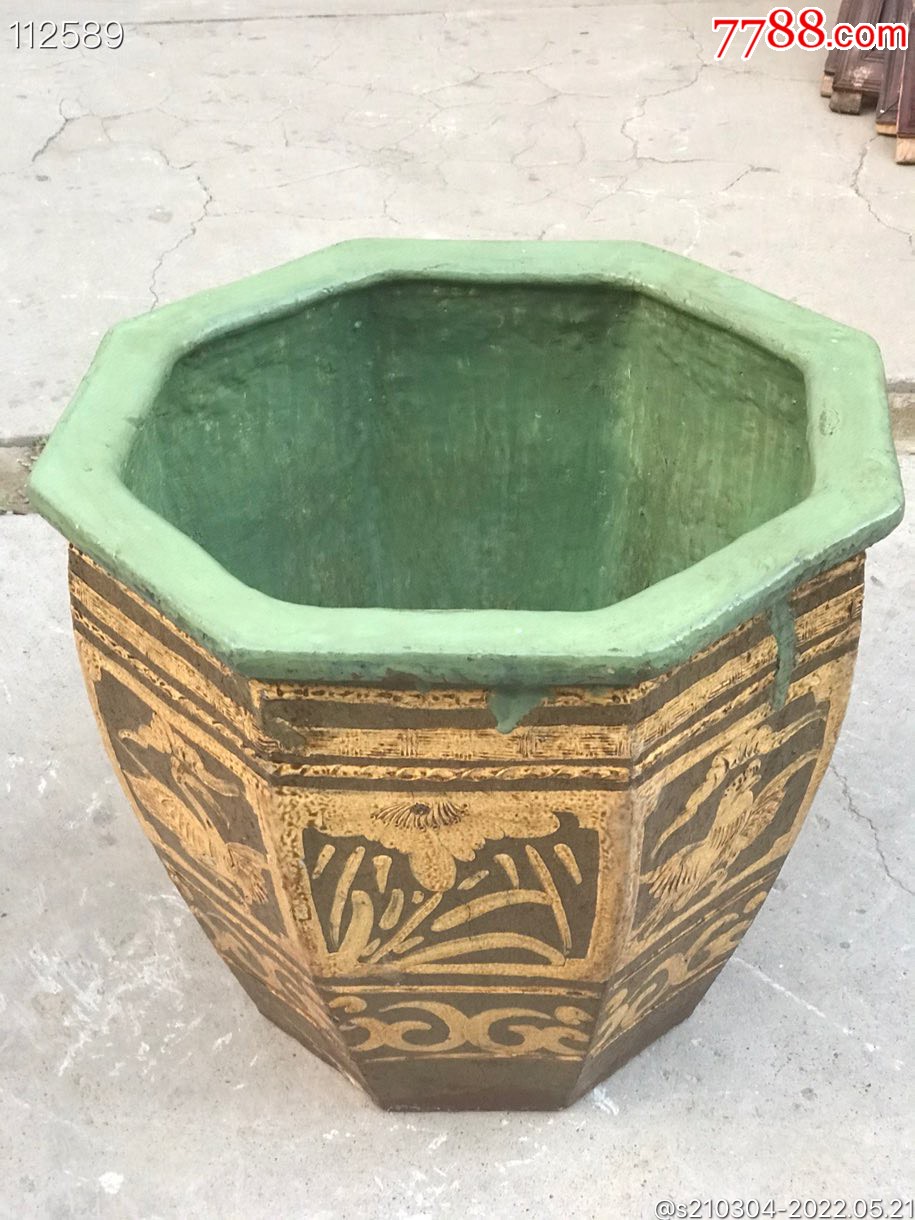 清代八角荷花缸图案清晰釉水一流寓意祥和包浆温润器型归正制作i艺精