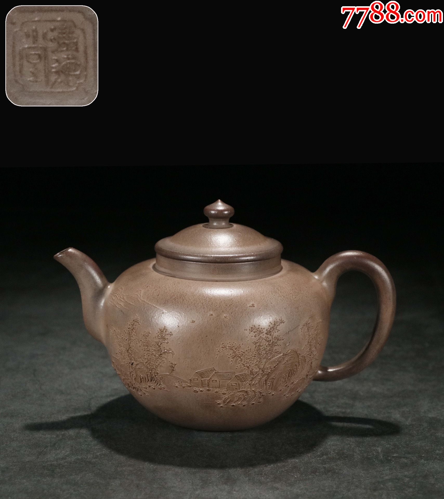 清德堂款紫砂山水房租泥绘纹圆宫灯壶