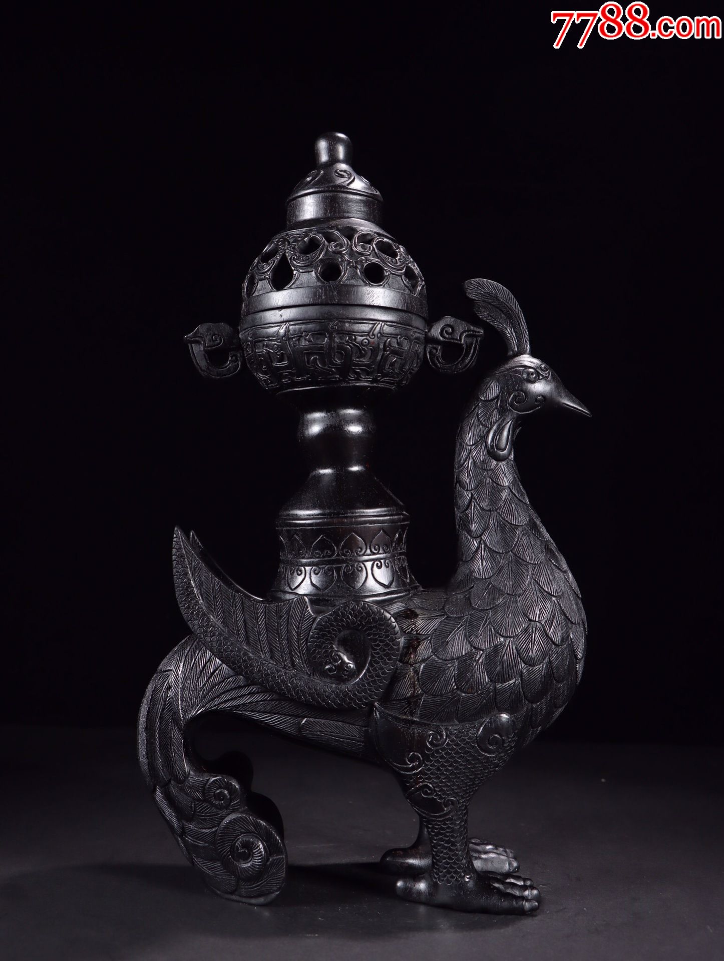 紫檀木凤呈天球文房香薰摆件