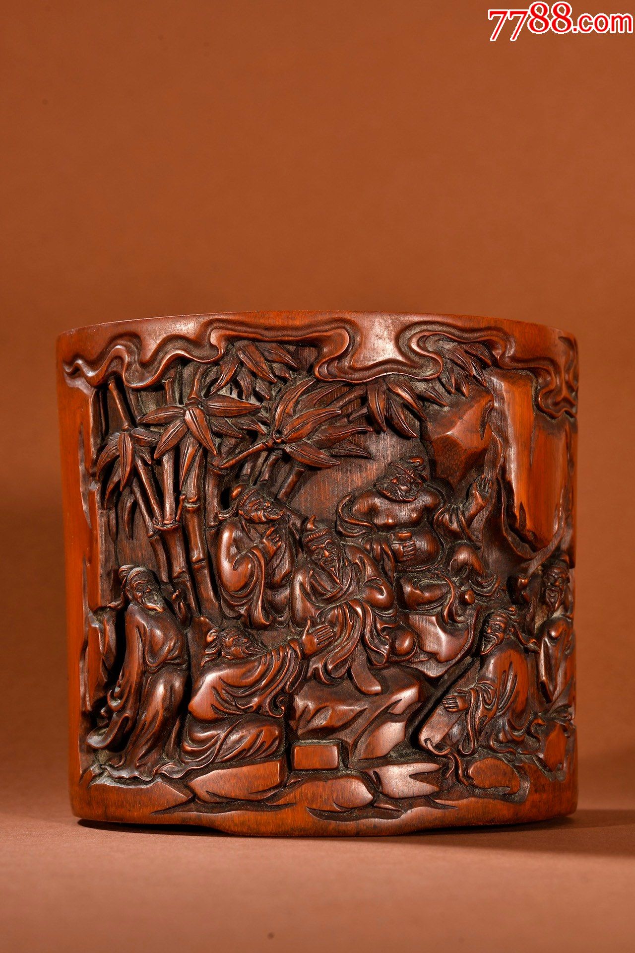 竹雕竹林七贤文房笔筒