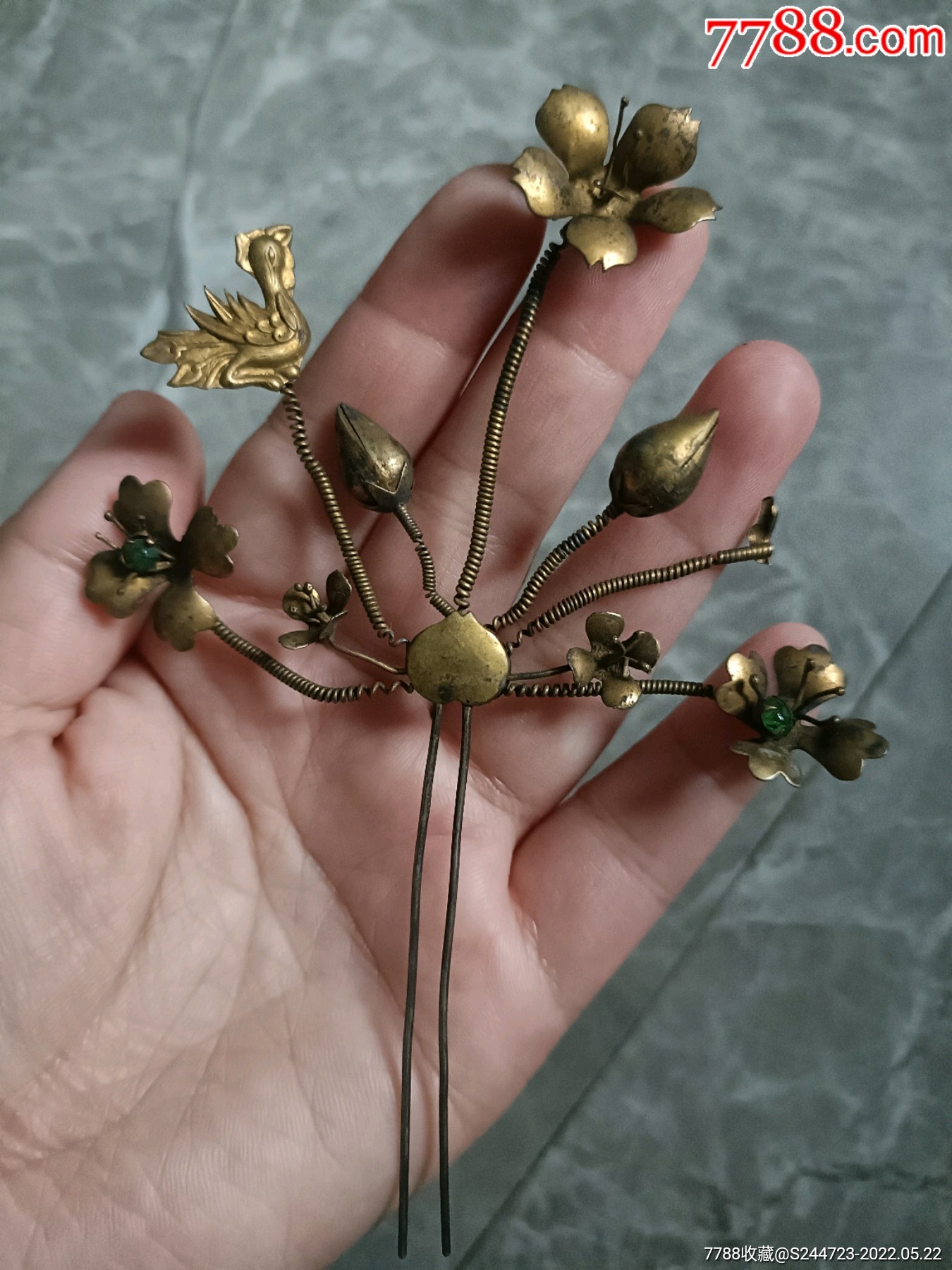 清代老银鎏金镶宝发簪花枝颤银铃步摇花蕊栩栩如生