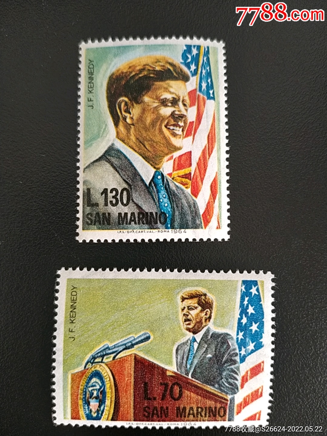 1964年圣马利诺美国肯尼迪总统逝世1周年讲演和国旗水印邮票2全新原胶