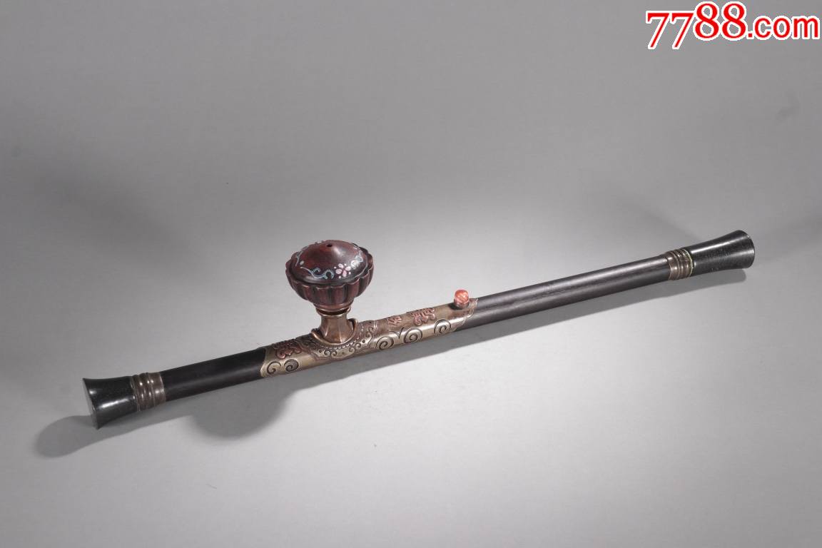 檀木镶铜福寿烟枪