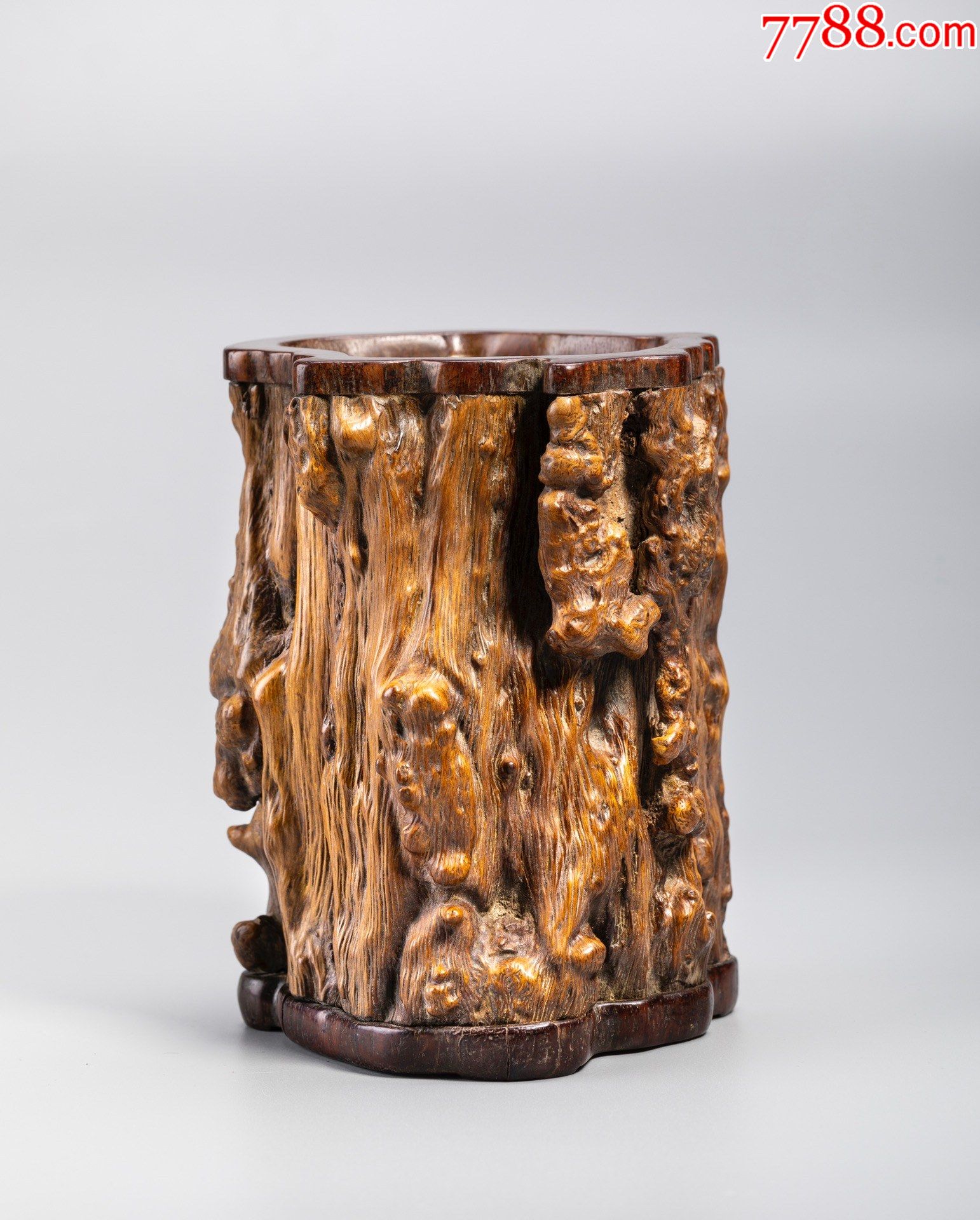 天然瘿木根雕随形笔筒奇木摆件嵌红木口底