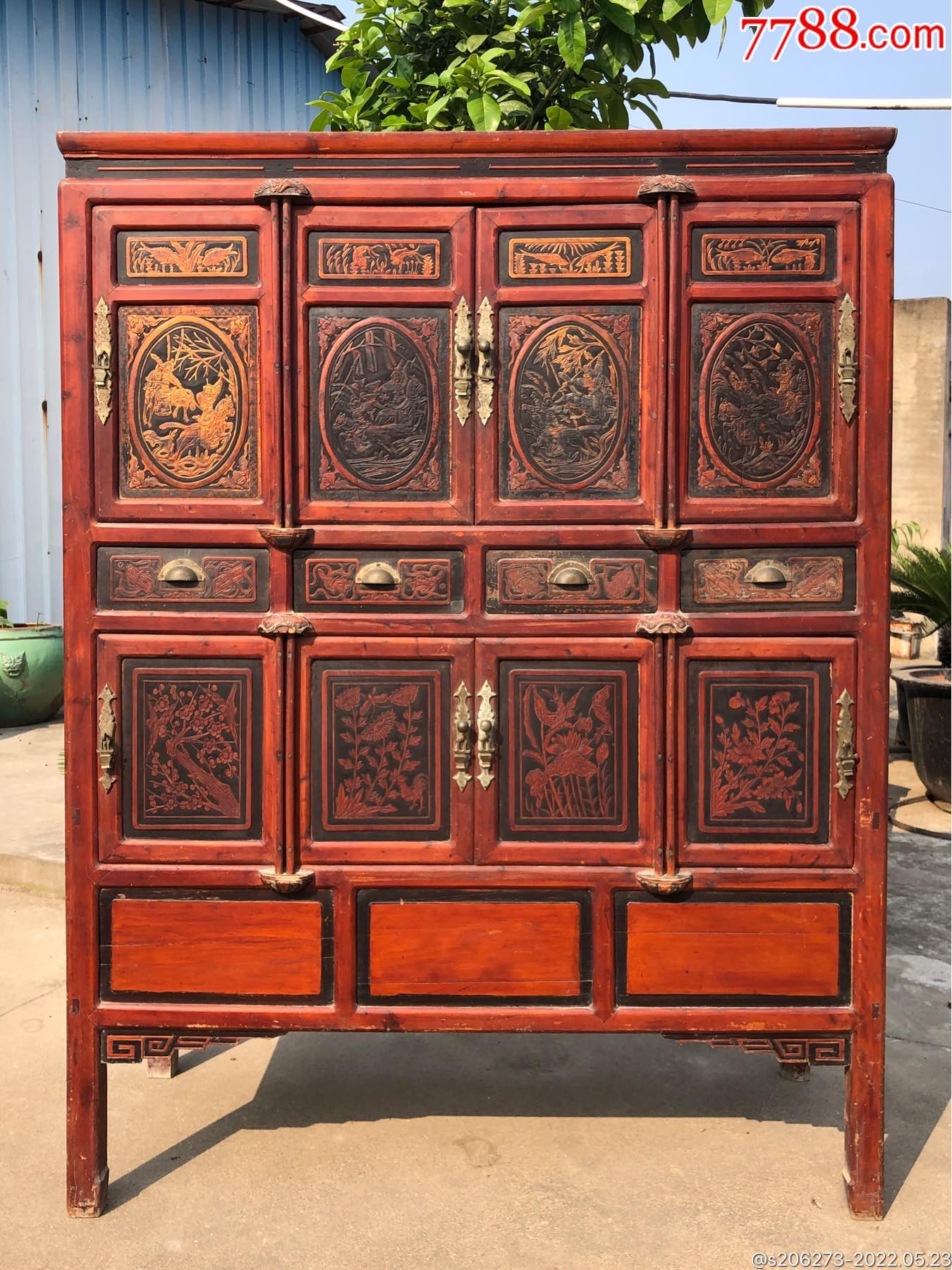 晚清民国精品柏木八门四抽满工储物柜书柜