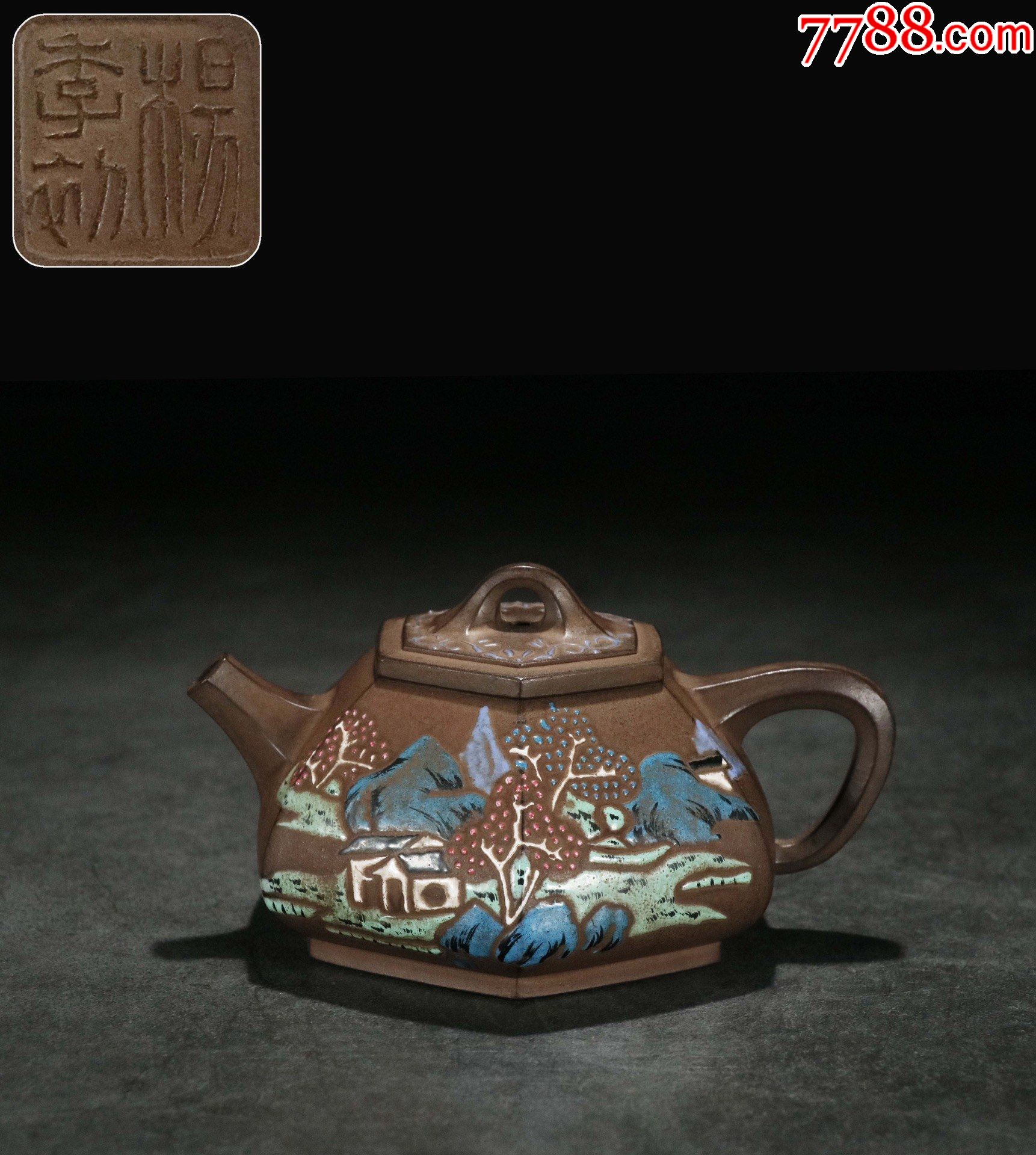 紫砂六方加彩壶