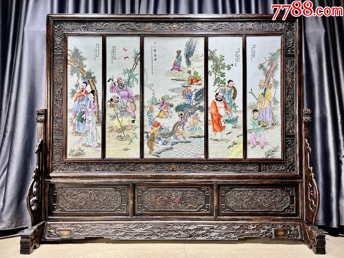 王大凡花梨木镶嵌瓷板画粉彩手绘【十八罗汉】屏风_价格18000元_第1张