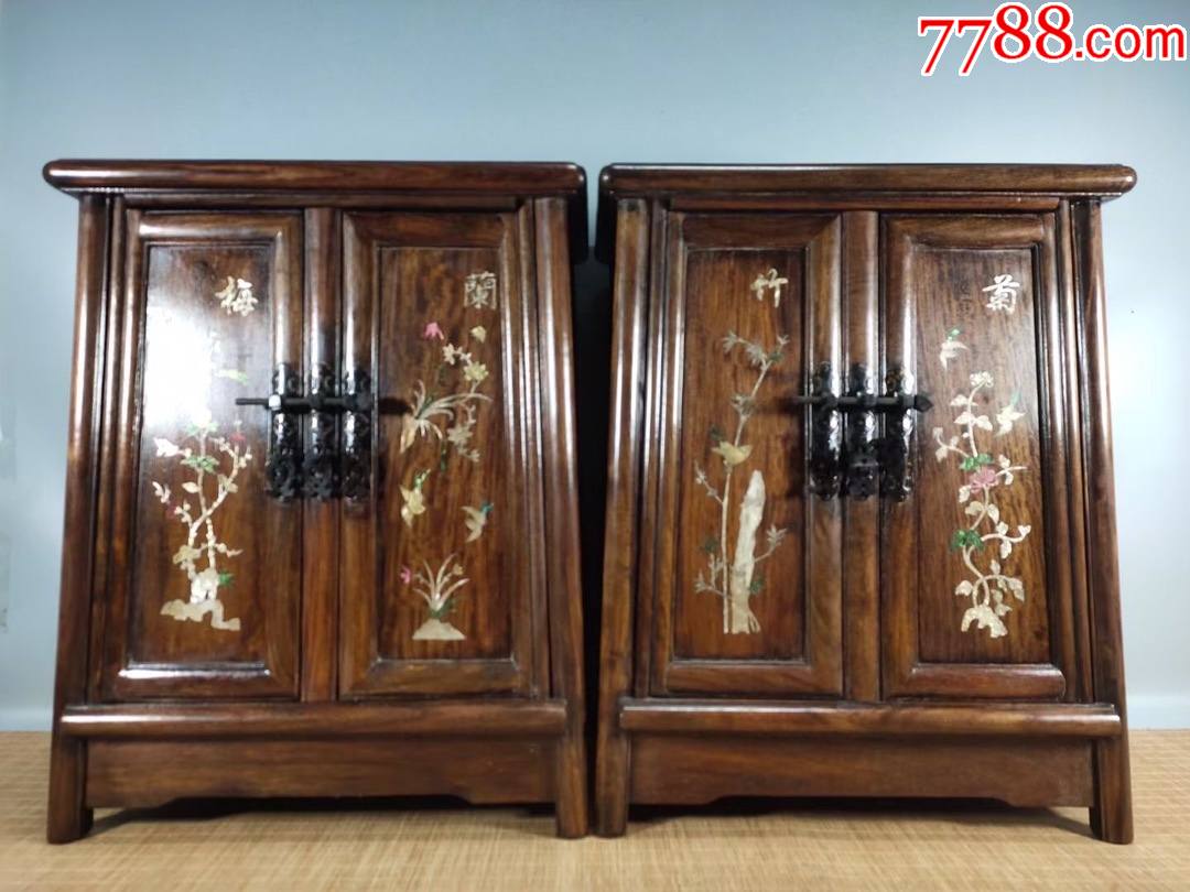 旧藏花梨木镶贝壳梅兰竹菊柜子一对-其他木艺家具-7788商城__七七八八