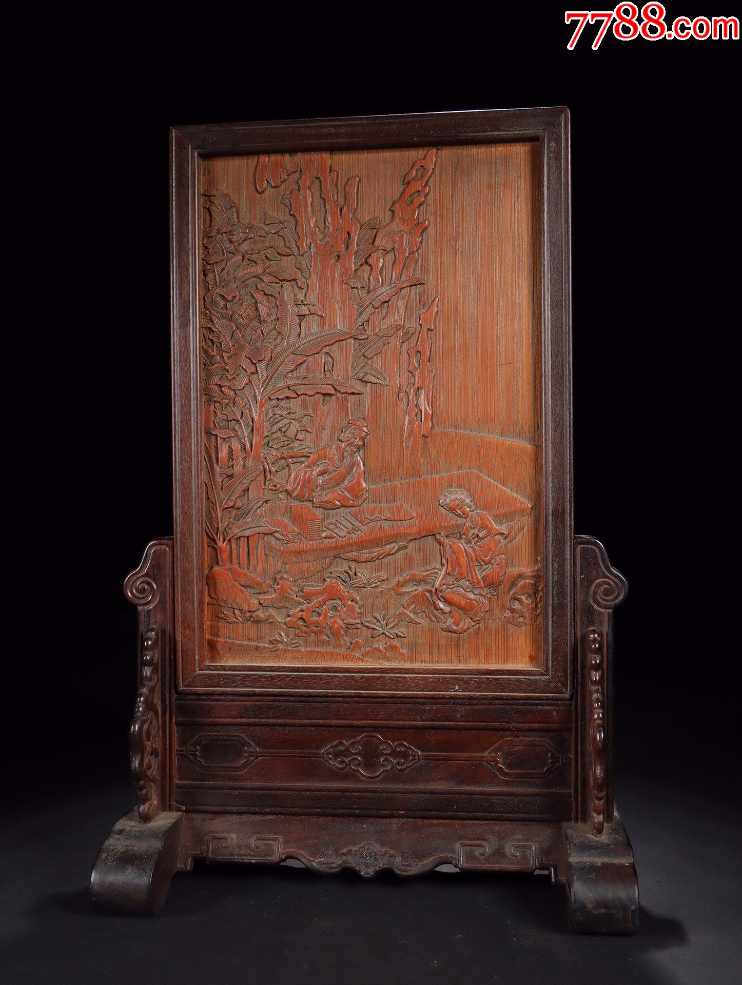 红木镶竹雕山水人物故事插屏