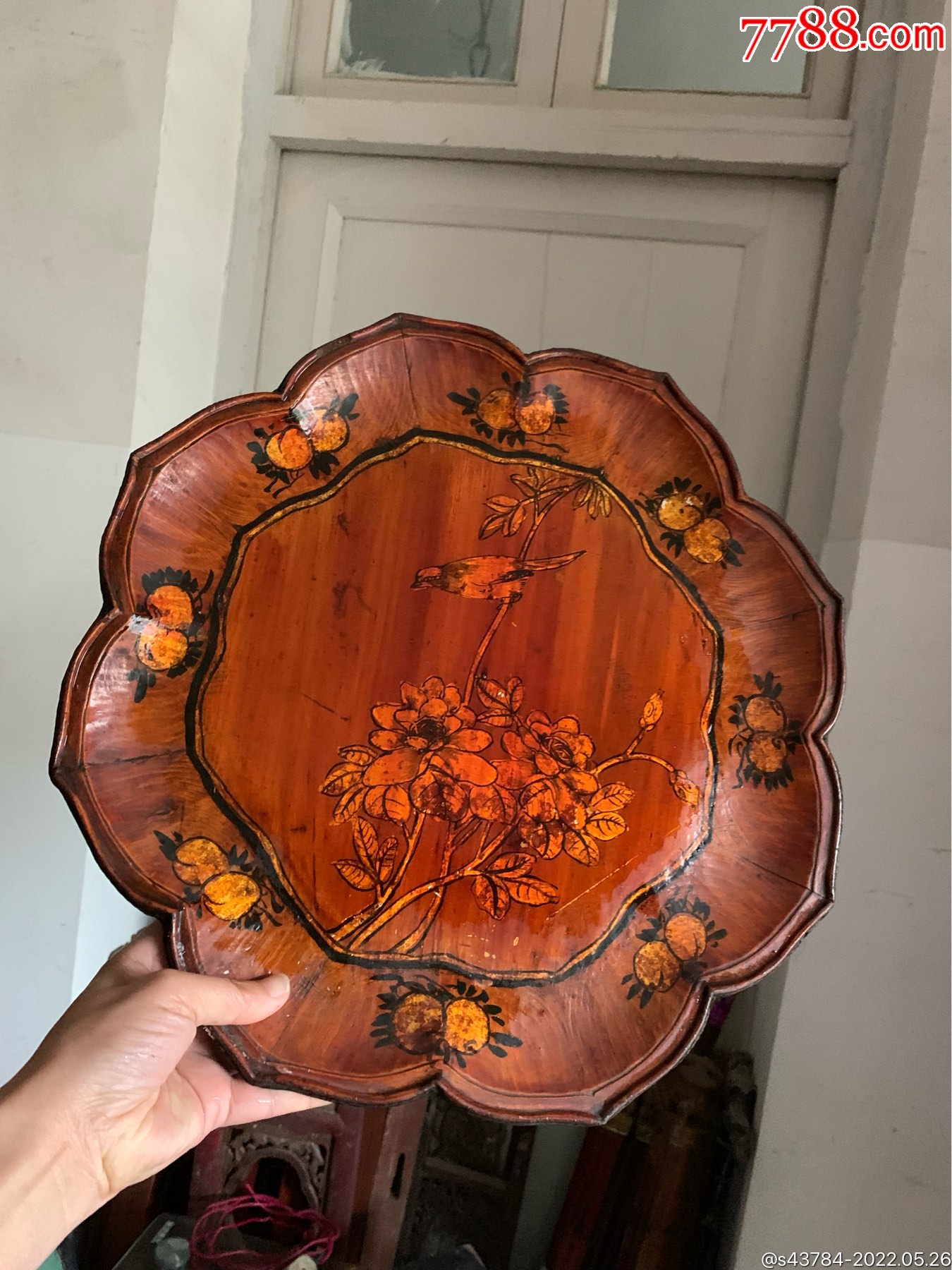 金漆花鸟木茶盘木盘子花瓣形果盘