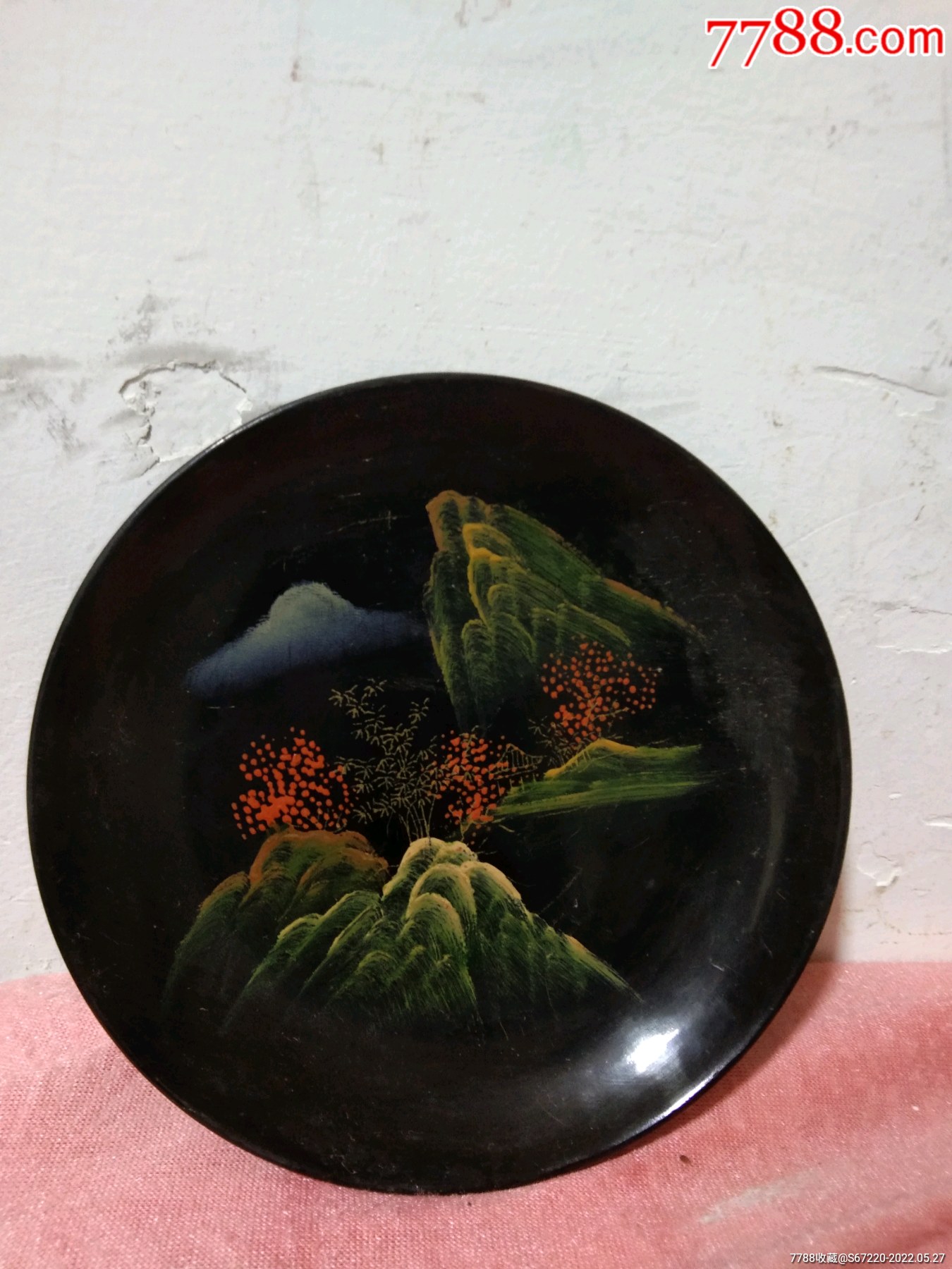 老漆盘木胎山水画漆盘