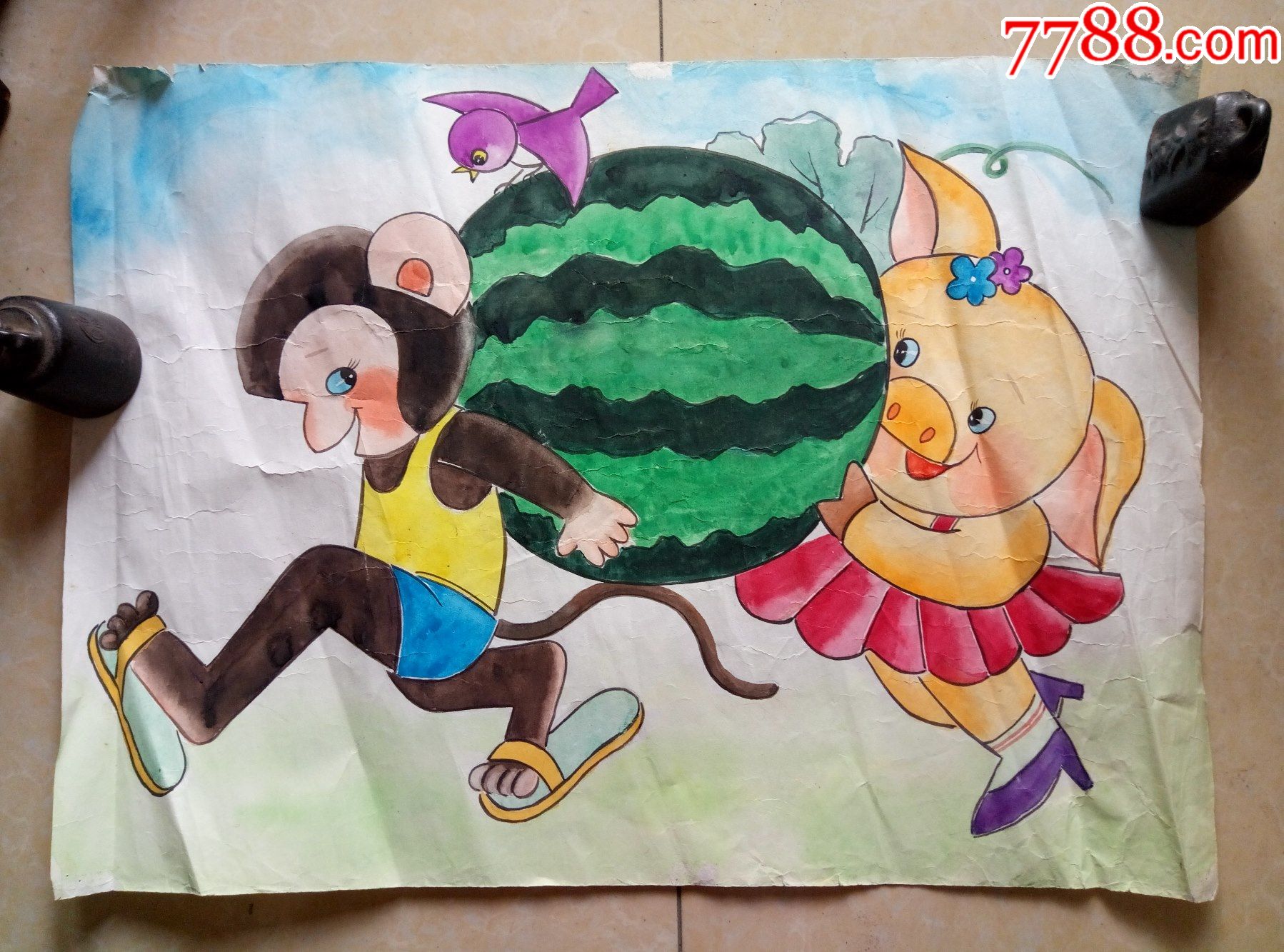 水彩画猴子和小猪在搬运西瓜