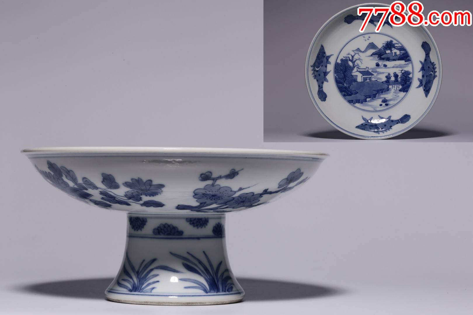 旧藏大清康熙年制青花山水风景四鱼图高足盘