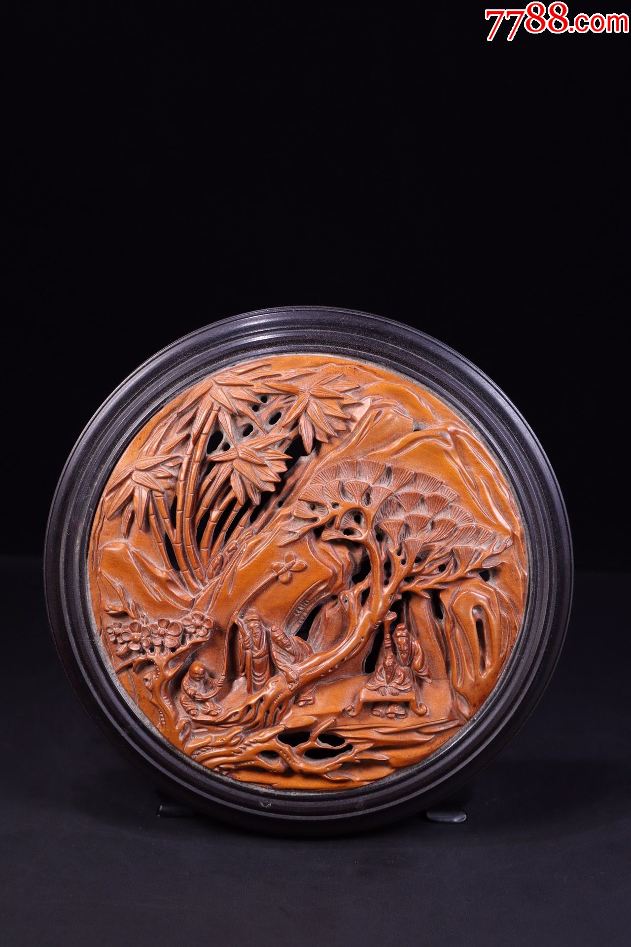 老紫檀木镶嵌黄杨木雕三老文房盒.