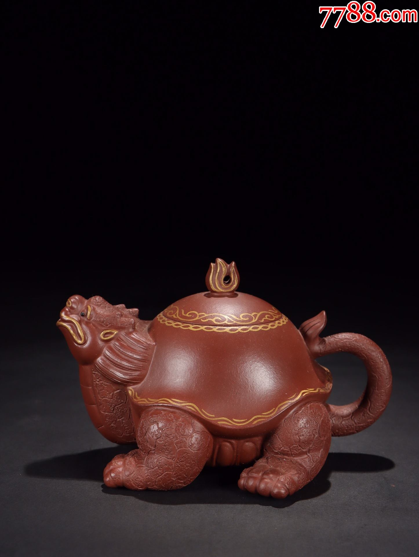 砂料手工塑描金龙龟形紫砂茶壶