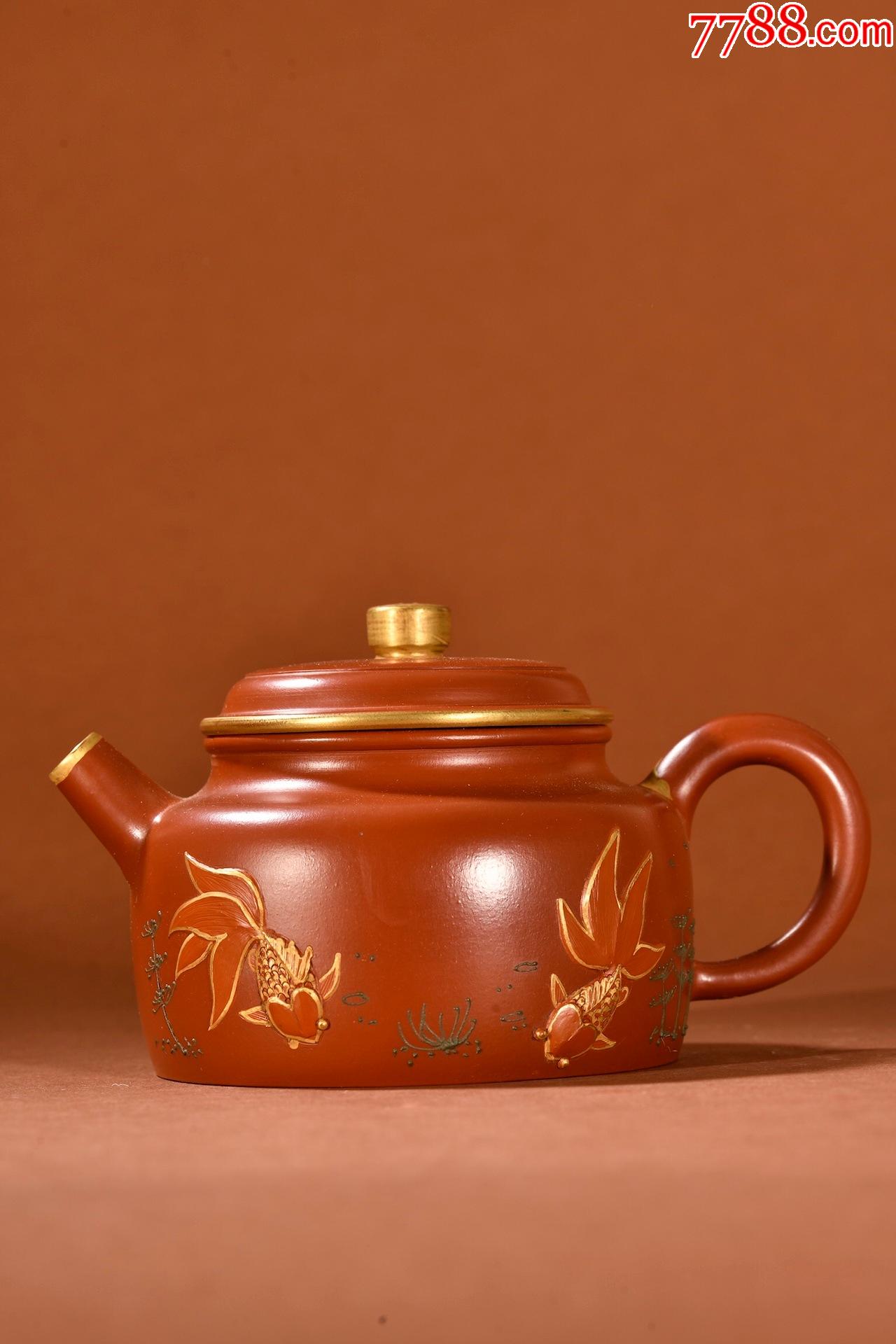 紫砂老料描金年年有余茶壶