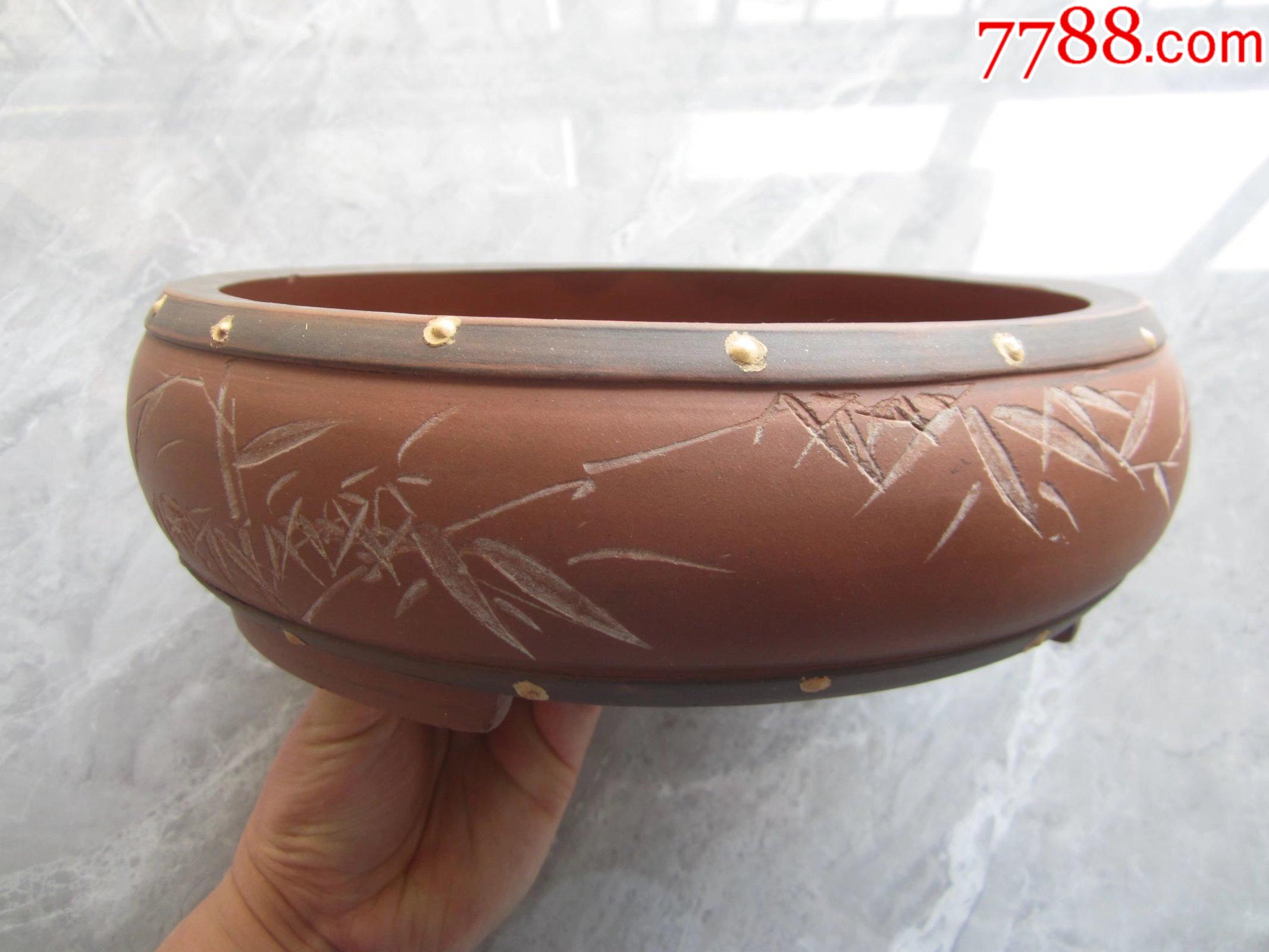 竹子图案的圆鼓形紫砂盆