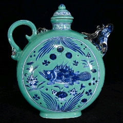 明绿釉青花鱼藻纹凤首壶215217