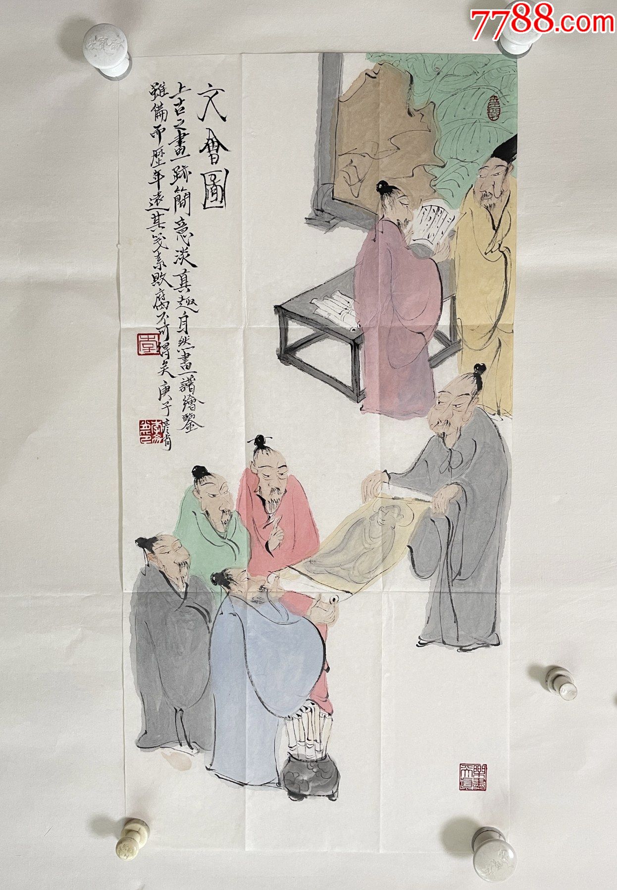 【保真】李彦肖,毕业于浙江美院,河北美协会员人物画作品8《图文并茂》文会图_人物国画原作_大开门真迹字画【7788收藏__收藏热线】