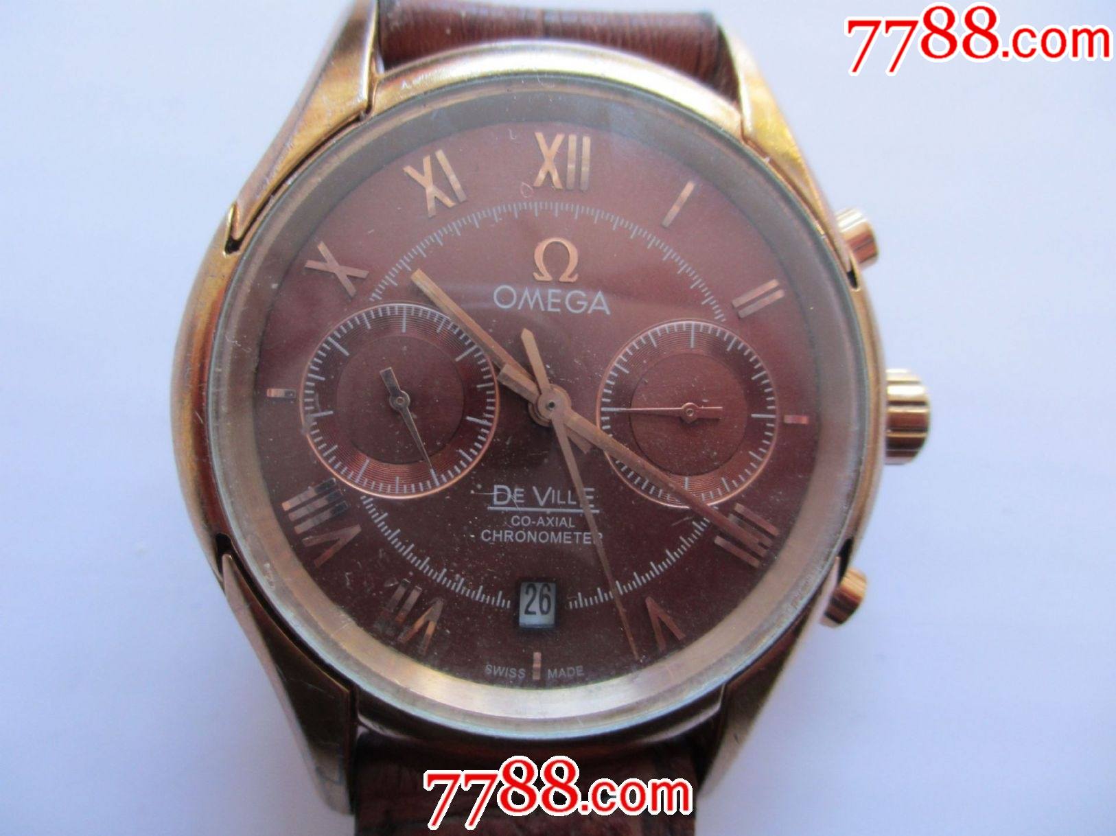 瑞士制造全自动酒红盘镀金欧米茄男士古董计时码表瑞士精磨750机芯