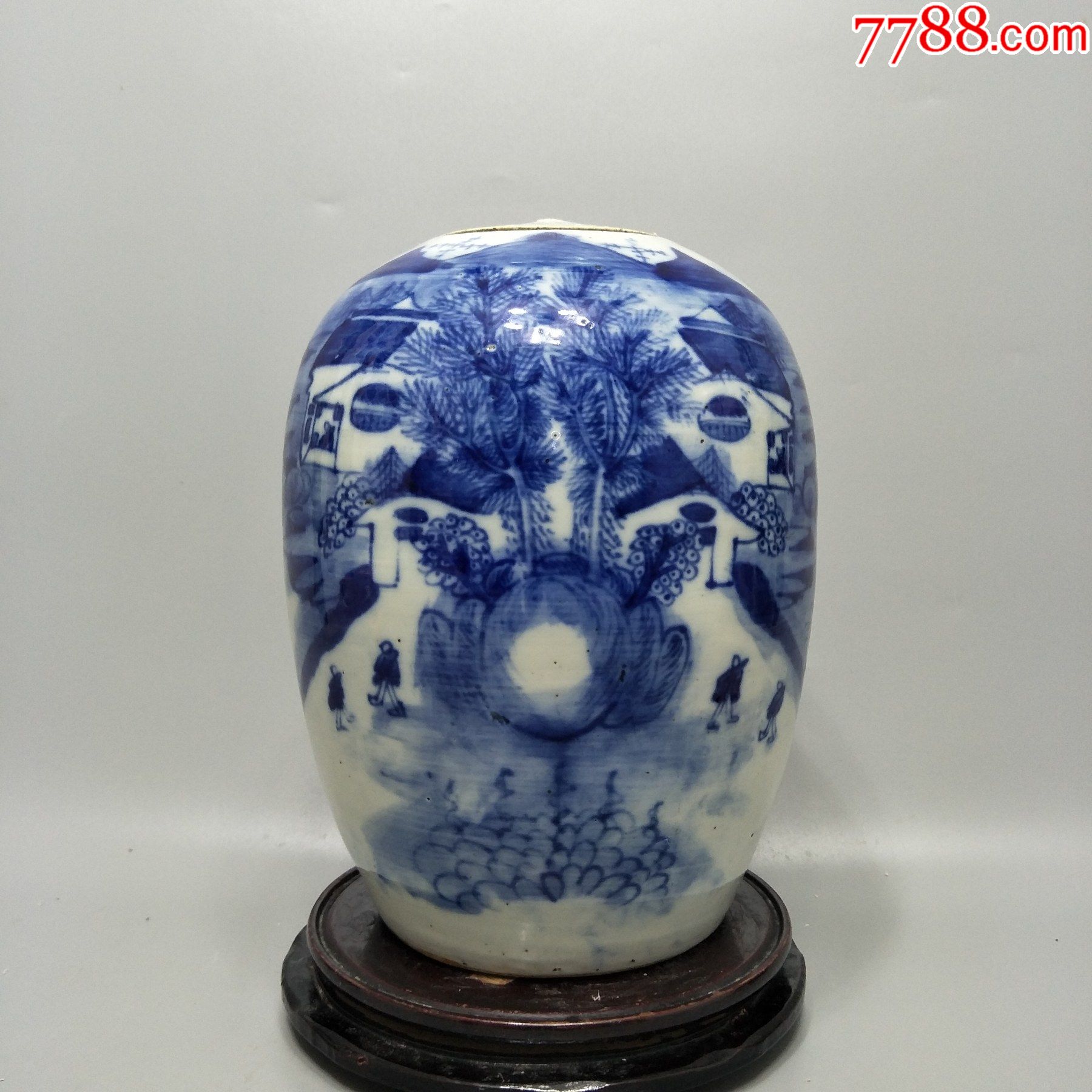 清代青花山水冬瓜罐子一只.画工精美古香古色.包老包邮就盖纽掉啦.