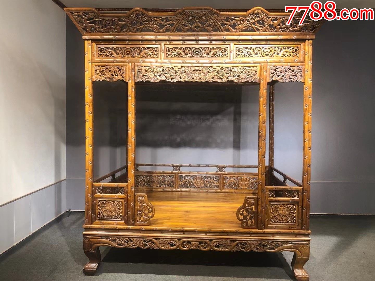 老黄花梨木器雕刻【松竹梅架子床】_木床/木榻_飞鸿堂【7788收藏__收藏热线】