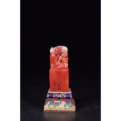 寿山芙蓉石彫◇「 清◇ 童子拜觀音鈕印章 ◇ 箱付 」極細工