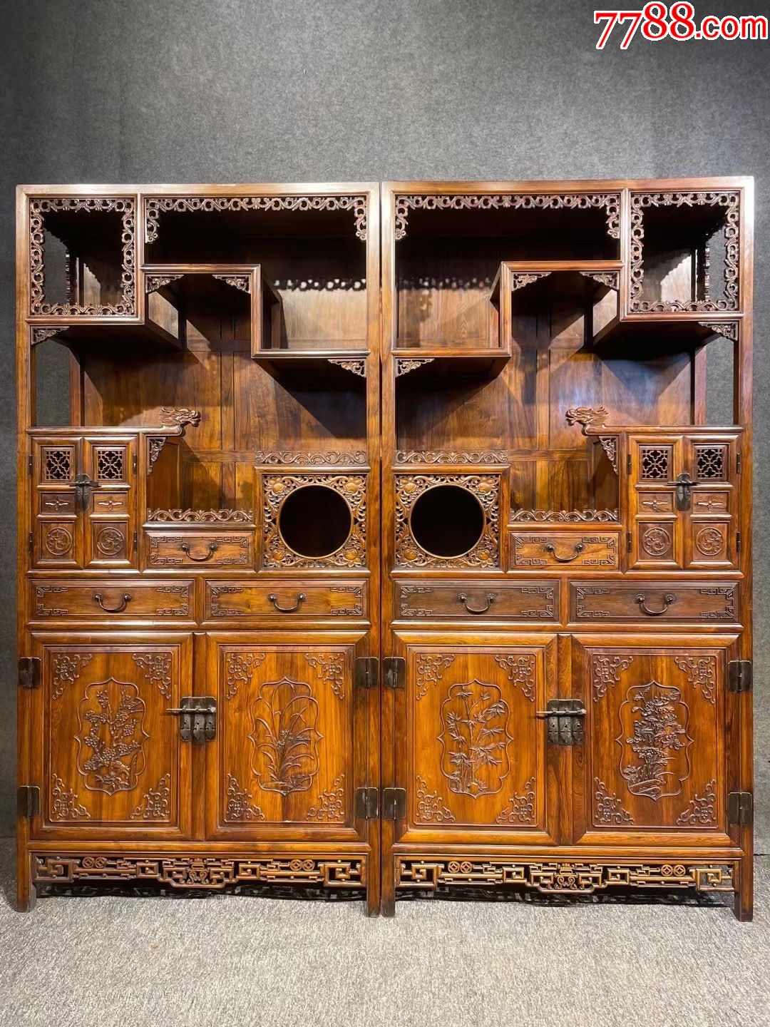 黄花梨梅兰竹菊龙头多宝阁一对-价格:40000元-se87570703-木柜/木橱