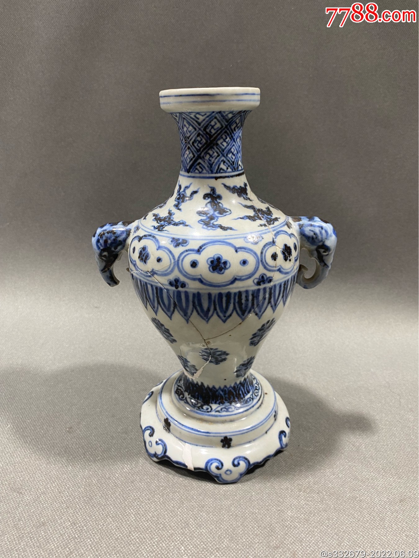 明,青花象耳花卉修复件_青花瓷_图片赏析_收藏价值_7788画报