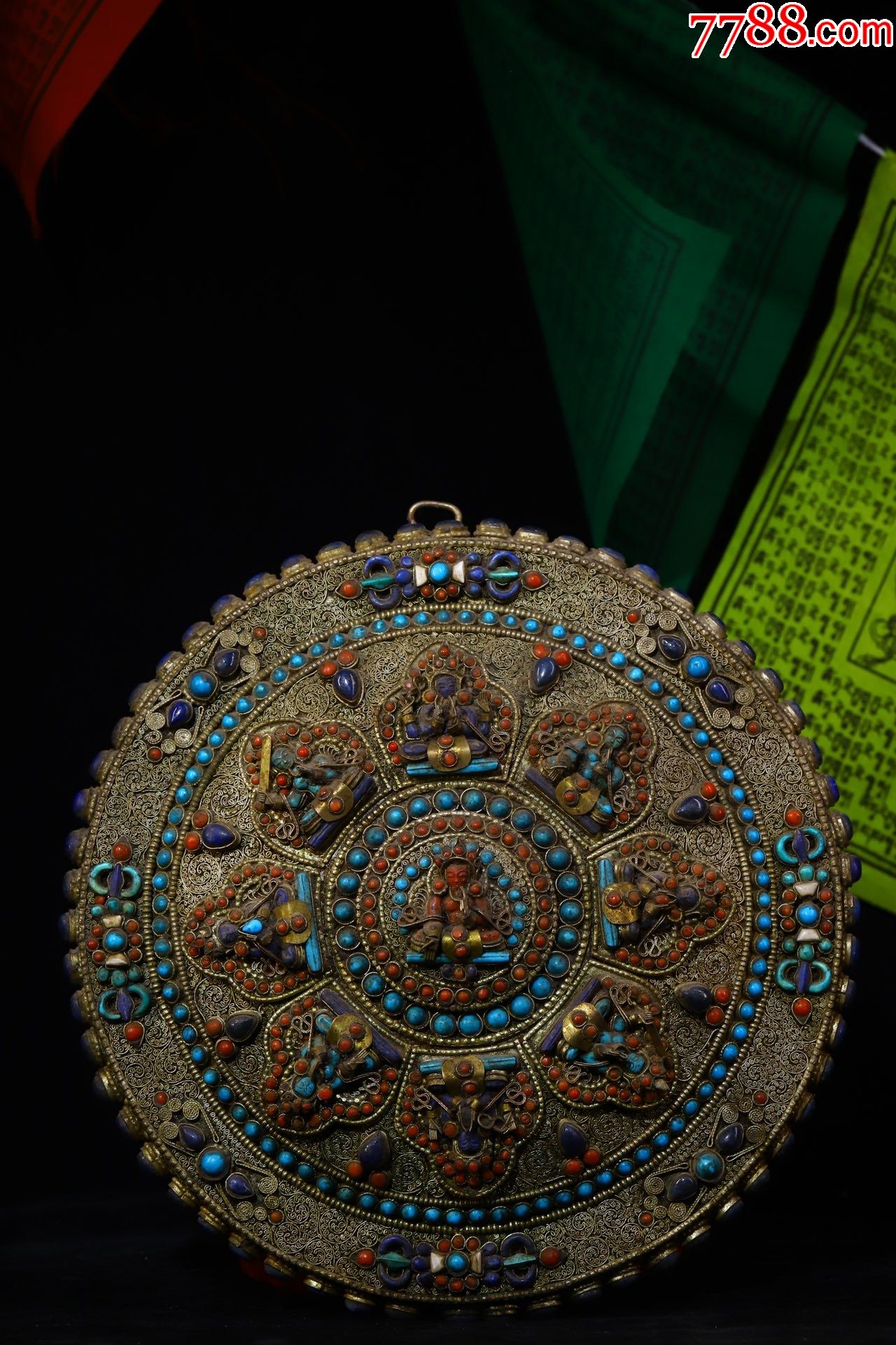 藏银纯手工敲打錾刻镶嵌宝石唐卡a91s100f