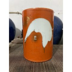 清代珊瑚红釉笔筒-红釉瓷-7788红宝书