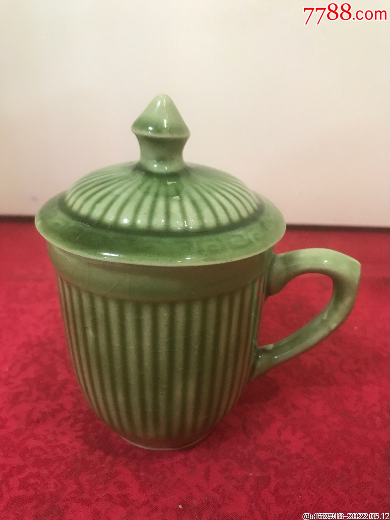 解放初石湾窑条纹绿釉全品把杯