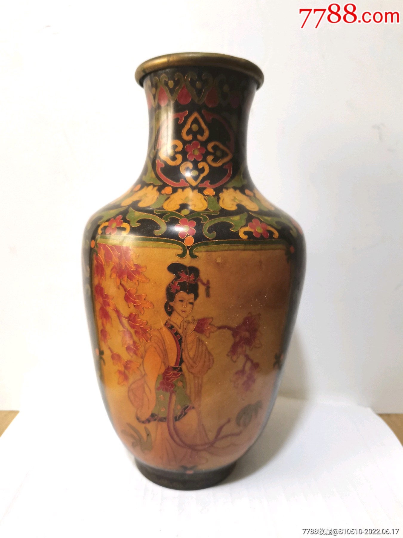 80年代独特工艺仿景泰蓝铜掐丝珐琅彩仕女人物花瓶精美少见