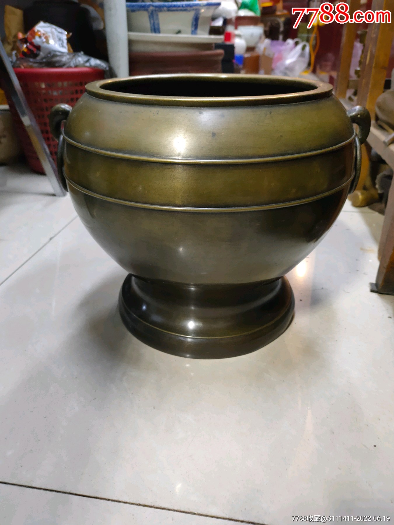 民国双耳炫纹大个铜香炉一只