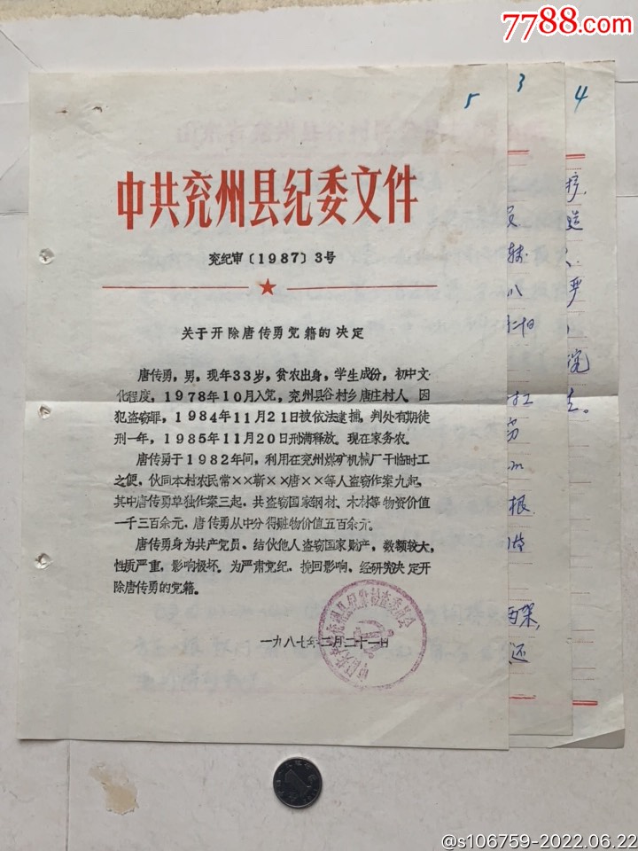 盗窃案件党员盗窃开除党籍的决定处分报告21组87年山东兖州