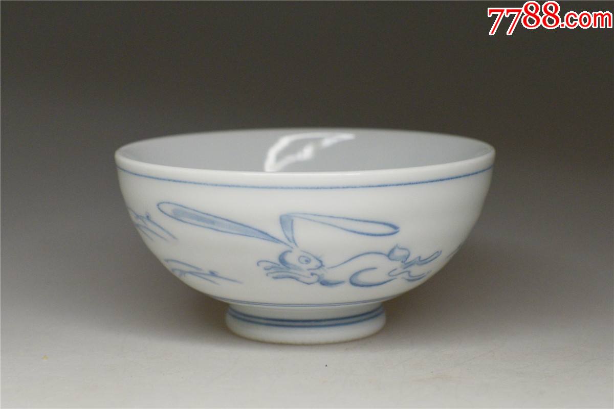 海外回流老物件日本回流有田烧兔子兔子茶道具茶碗青花老碗古董_价格
