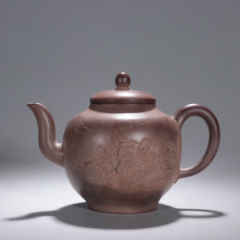 季山款紫砂山水房屋风景六方壶