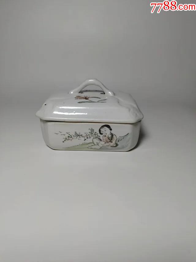 民国启新瓷厂款粉彩美女人物老瓷盖盒人物盒美女盒化妆盒首饰盒胭脂盒